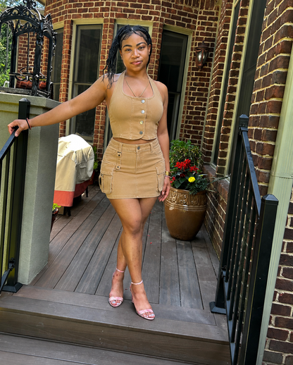 Halter Neck Denim Top and Cargo Mini Skirt Set