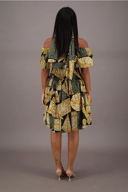 Off-Shoulder Geometric Print A-Line Dress