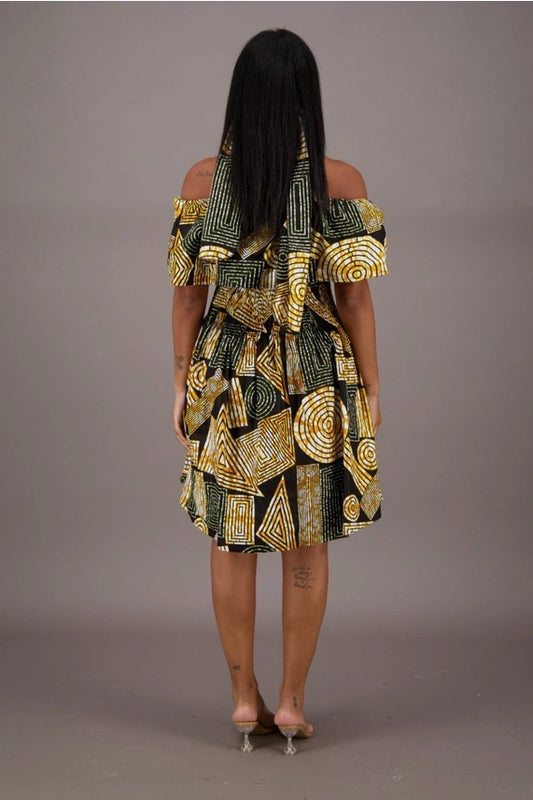 Off-Shoulder Geometric Print A-Line Dress